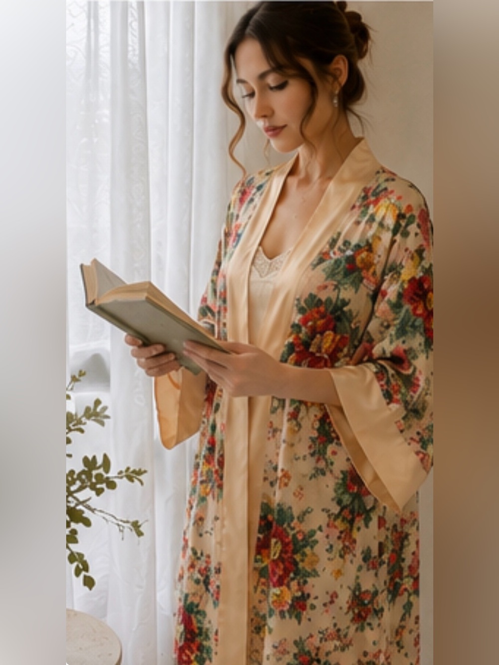 Vintage 100% Silk Floral Kimono Robe Midi Length Cream Multicolor – No Belt